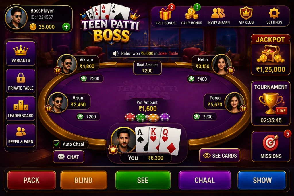 Teen Patti Boss game interface on an Android smartphone