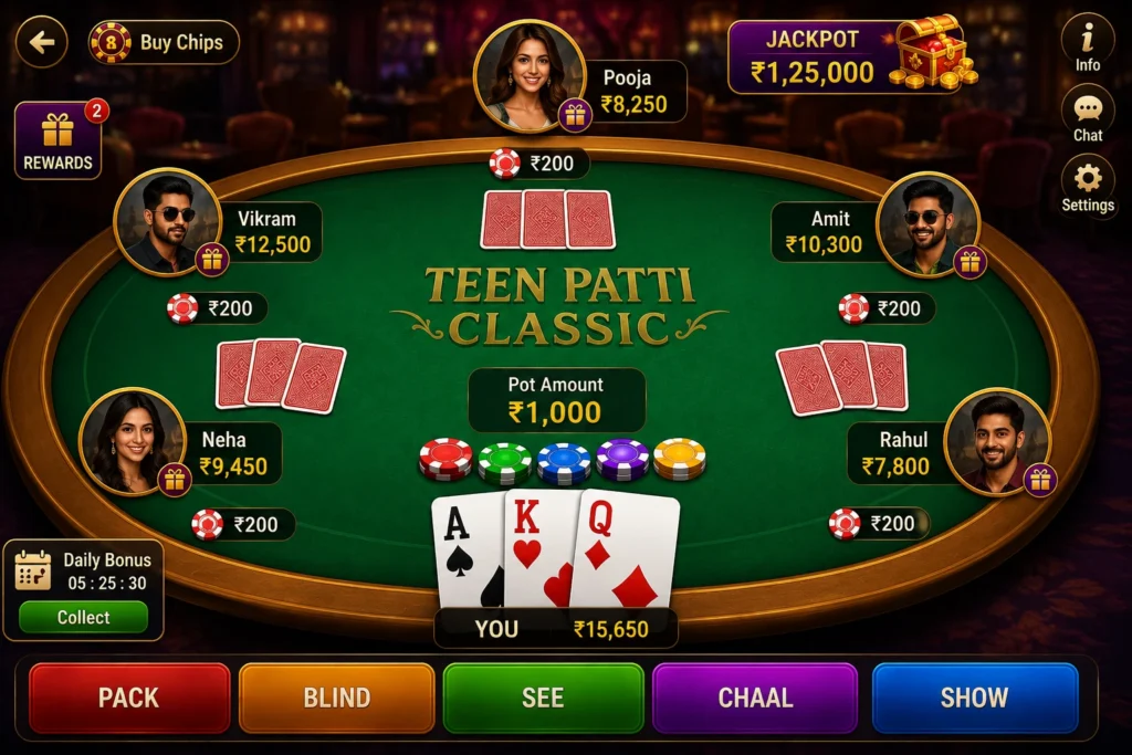 Teen Patti Classic mobile game interface showing a traditional three-card table
